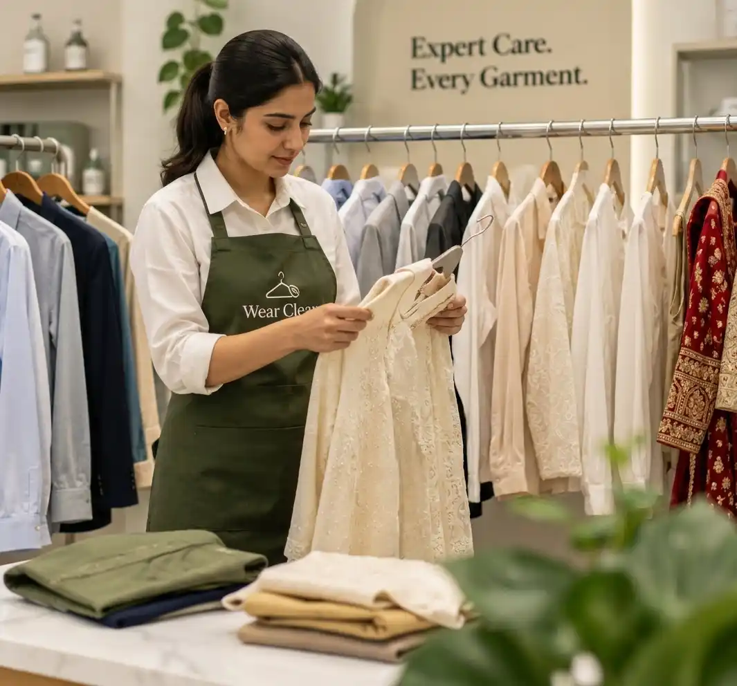 Professional garment care specialist inspecting garments
